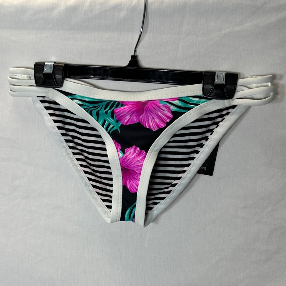 Body Glove Black and White Bikini Bottom with Pink Floral Accents